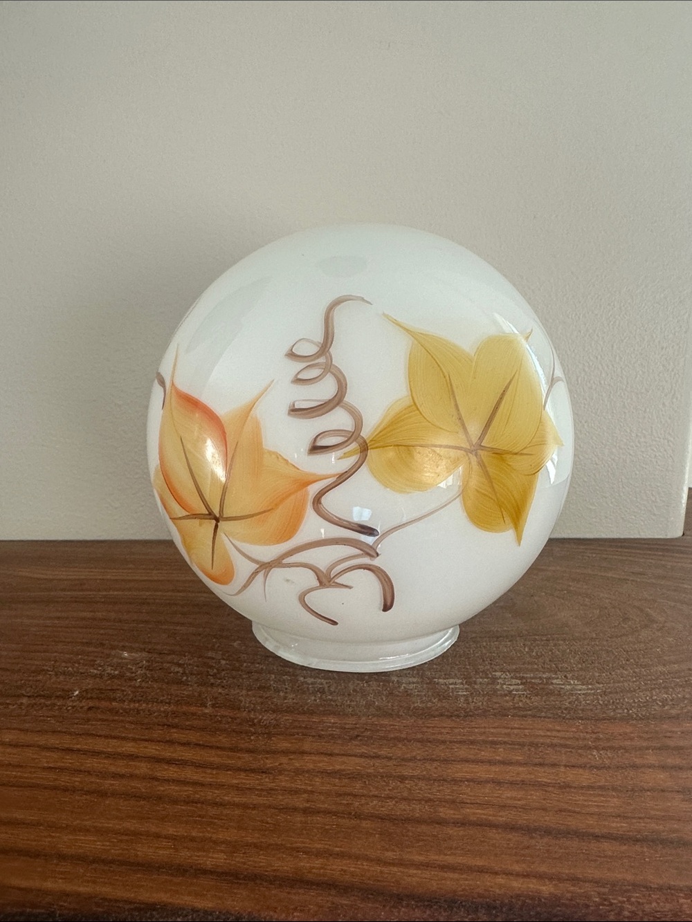 Vintage Hand-Painted Milk Glass Globe with Autumn Yellow and Orange Leaf Motif